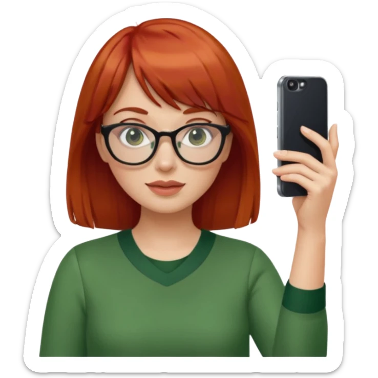 red haired woman with bangs, glasses, green blouse holding her phone having selfie sticker