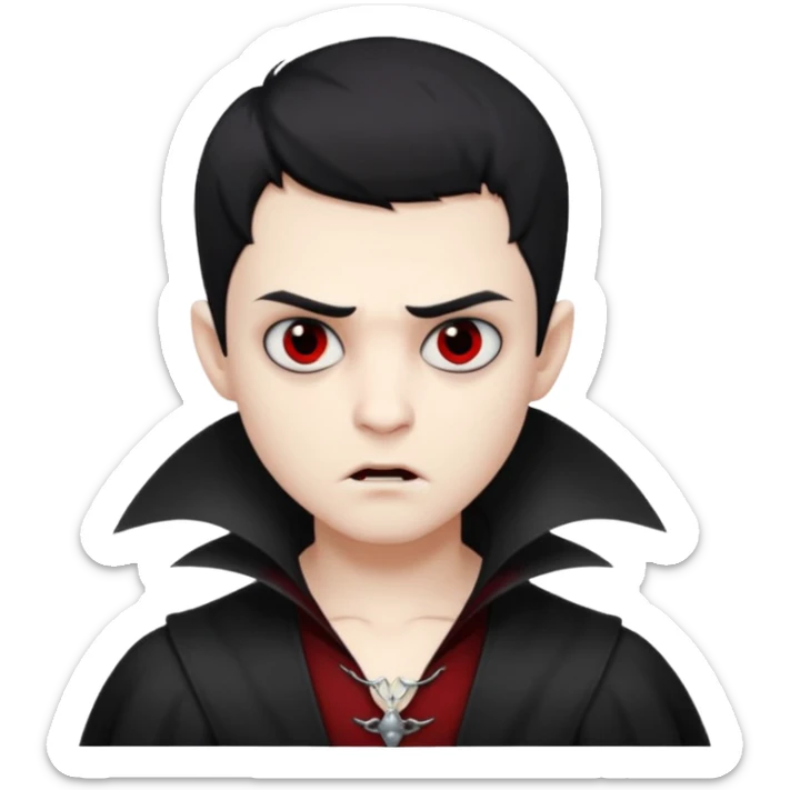 Vampire boy with the short black hair, pale scin, black eyes, little fangs and dark circles under his eyes. He has serious face sticker