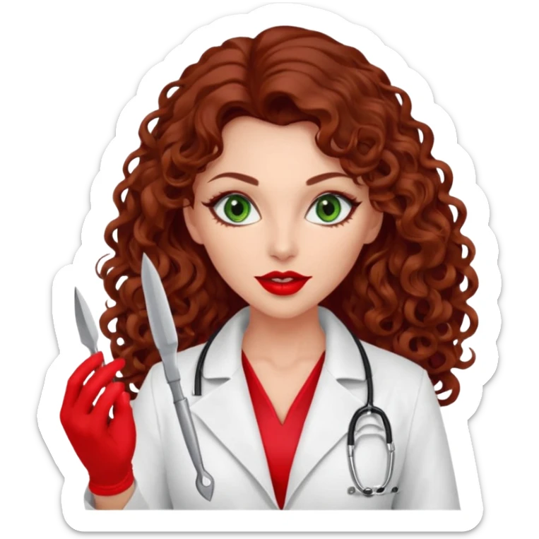 Lilith symbol seductress evil woman. She has green eyes.  had brown long curly hair.  evil surgeon kills with scalpel wears red sexy doctor coat with red mouth cover red gloves sticker