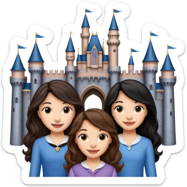 Quiero que crees una imagen donde este el castillo de Disney y por detrás o delante pon a quatro chicas: una con el pelo largo rizado marrón , otra con el pelo corto negro, otra con el pelo mediano liso marrón y otra con el pelo negro largo liso sticker