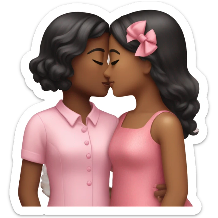 Two girls kissing one girl is Indian skinned and is wearing a pink dress she has black hair and a pink bow the other girl is white and has brown hair with a pink bow and she wears a pink dress sticker