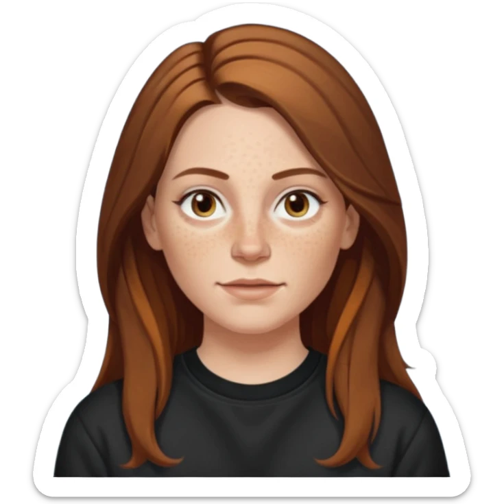 A 38 year old white woman with long brunette hair parted in the middle. She has a nose ring. She has brown eyes. She has freckles and is wearing a black sweatshirt sticker