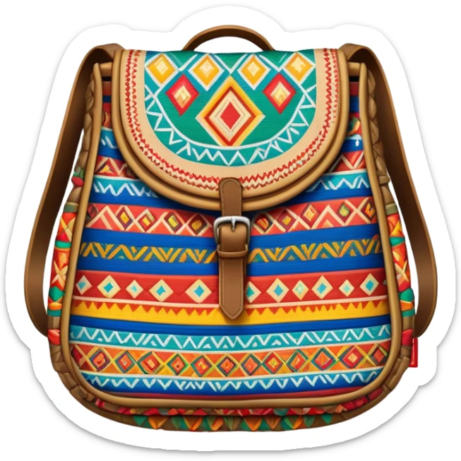 Cinematic Realistic image of a traditional Colombian mochila, rendered with detailed woven textures and vibrant patterns, set against a rustic backdrop with soft, cultural lighting sticker