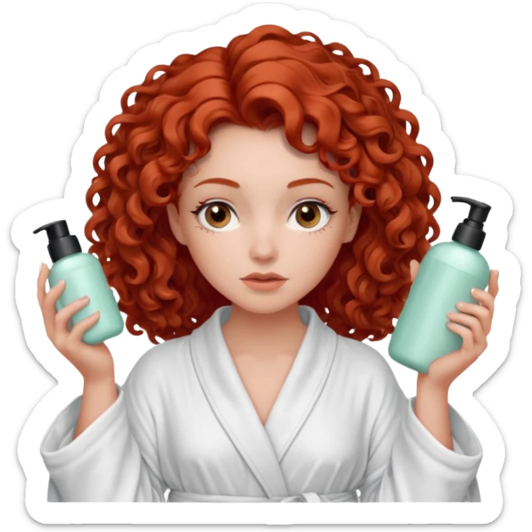 Cartoon emoji of a girl with voluminous curly red hair, fair skin, warm brown eyes. Wearing a chic milky silk robe with long sleeves, no makeup. Portrait mode, holding 3 moisterizers or different skin care products, looking super doubtful twisted and unsure. Smooth, simple, stylized." sticker