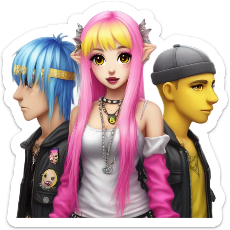 Blue eyed long eye lashes pout blonde and pink hair pale hime gyaru girl, hot pink and yellow split-dyed hair, nose ring, elf ears, dark makeup, punk clothes standing next to three diffrent men praying on their knees sticker