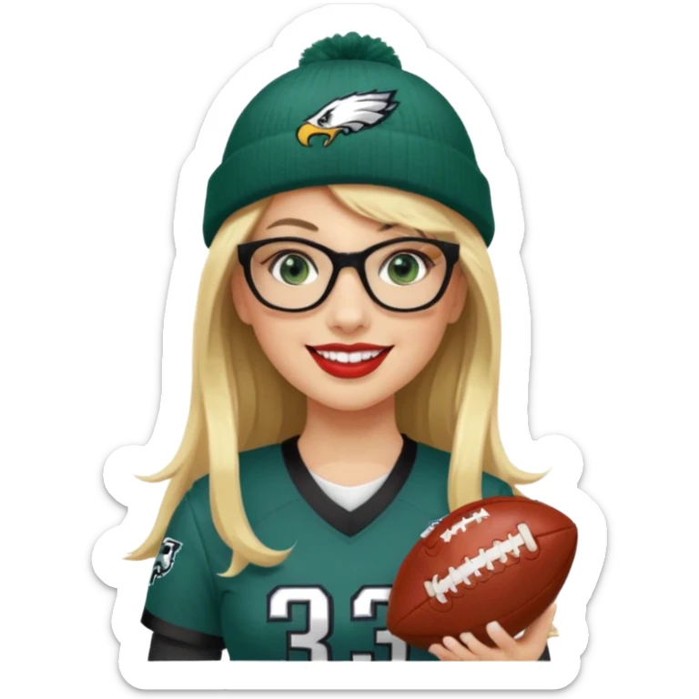 full length women wearing eagles uniform, long blonde hair, bangs, green eyes, black rectangle glasses, holding football, number 33, smiling, lipstick, eagles beanie sticker