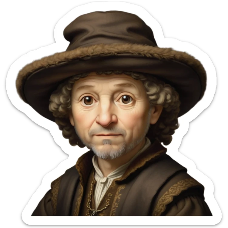 emoji of rembrandt,-shown-as-a-master-artist-with-deep,-introspective-eyes-and-richly-detailed-period-clothing,-rendered-with-dramatic-chiaroscuro-lighting-that-emphasizes-his-legacy brown puffy hat sticker