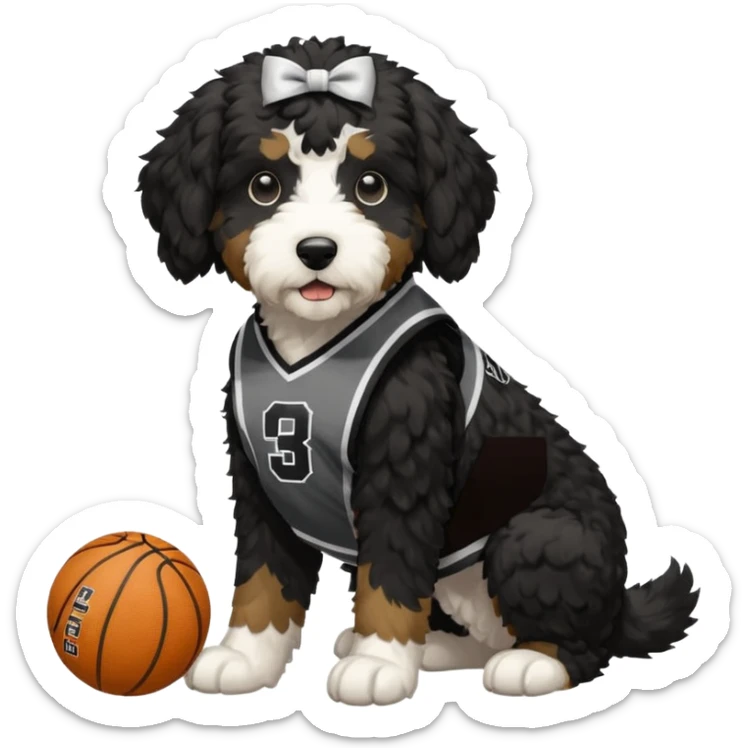 A black Bernedoodle with a white chest with a Providence college basketball jersey on  sticker
