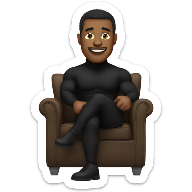 muscle man in black turtleneck shirt and black pants sitting in chair sticker