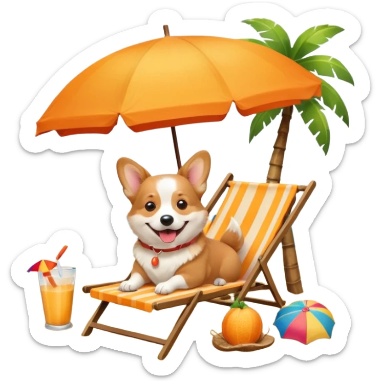 a corgi dog laied on a beach chair, a sunny beach, a sun umbrella, and beach coconut trees. the icon should capture the essence of a relaxing beach vacation with a carefree atmosphere sticker