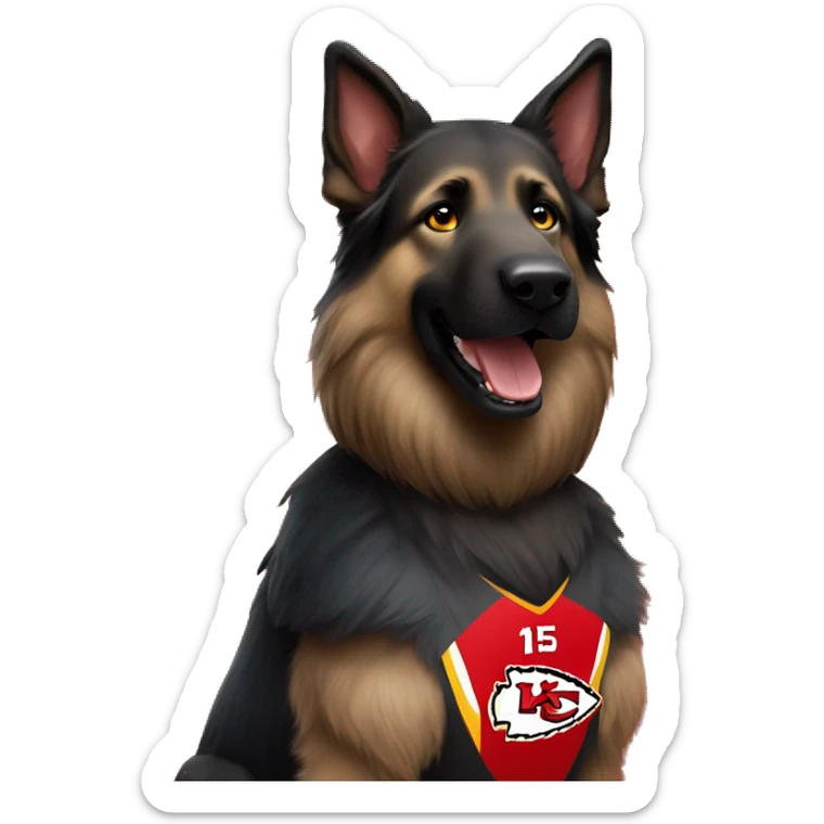 black long haired German Shepherd dog wearing a Kansas City Chiefs jersey with number 15 on the jersey  sticker