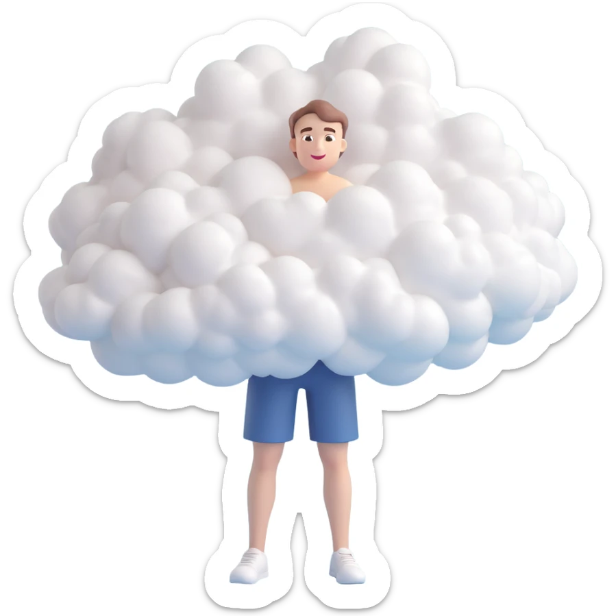 person whose body up to shoulders is entirely made of 3d emoji clouds, clouds form the figure, minimalist illustration sticker