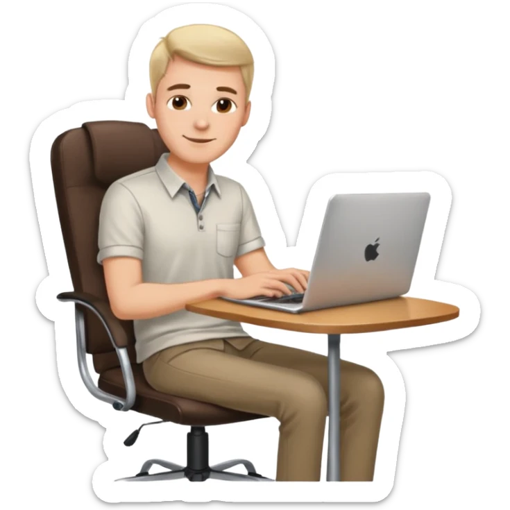 Rich man working setting on a chair in shirt and near the table with laptop he is german very beautiful looks like sticker