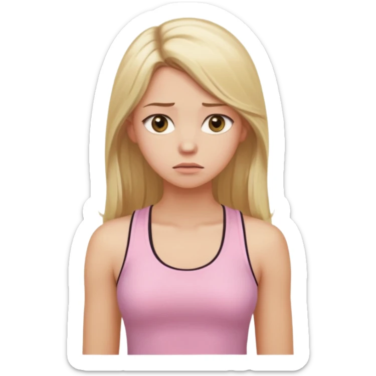 Create a young woman with long blonde hair, golden eyes, and medium-light skin tone, wearing a light pink tank top and leggings. She should be in portrait mode, but with a subtle doubting facial expression—slightly raised eyebrow, small frown, .  and her hand next to her chin like this emoji 🤔 sticker