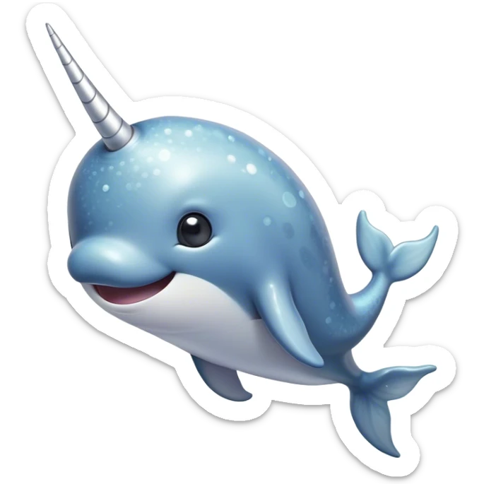 Cinematic Cute Narwhal Portrait Emoji, Head tilted playfully and inquisitively, showcasing a sleek, streamlined body with subtly iridescent, mottled gray skin and a prominently spiraled ivory tusk, complemented by round, sparkling eyes full of gentle wonder, Simplified yet irresistibly adorable features, highly detailed, glowing with a warm, friendly arctic glow, high shine, affectionate and lively, stylized with a touch of whimsical marine charm, soft glowing outline, capturing the essence of a mischievous yet loving narwhal that seems as if it could frolic out of the screen into your heart! sticker