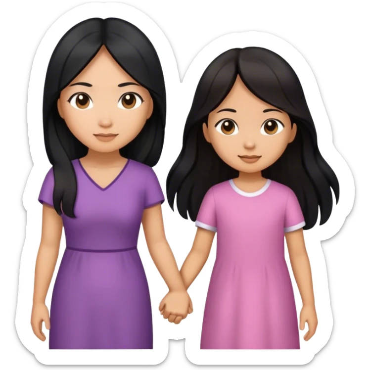 Asian Young mother with black long hair and 11 years old Asian daughter with long brown hair  sticker