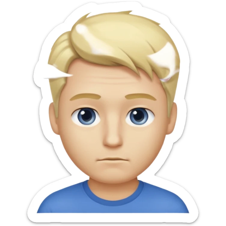 Crée l’emoji d’un homme blond , cheveux court mais un peu de cheveux sur le dessus , yeux bleus , nez avec une bosse, grain de beauté dans le cou. TEE shirt blanc  sticker