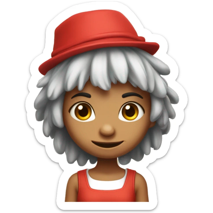 The girl character is a cute and funny troll, the logo is simple. The character has a hat on his head, big ears and pretty red eyes. Her hair is red, lush and round. She is wearing a Karelian sundress. sticker