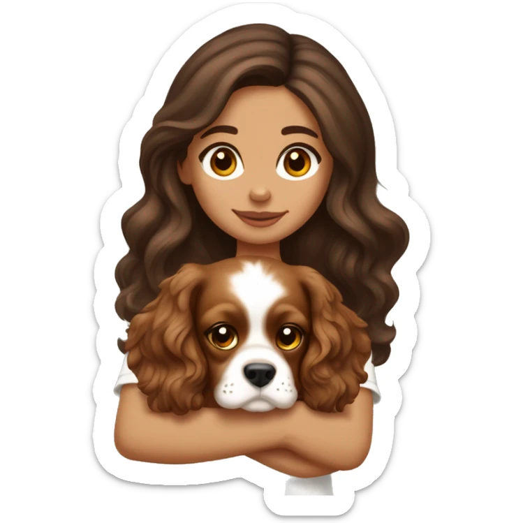 Tanned brunette long wavy hair girl holding a cute cavalier spaniel puppy with short ears wavy fur sticker