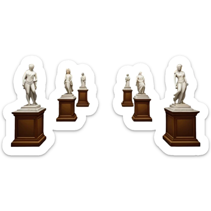 An icon featuring an elegant art gallery with classic paintings hanging on the walls, and sculptures displayed on pedestals. Visitors admire the exhibits, capturing the essence of culture, history, and art. Set against a transparent background. sticker