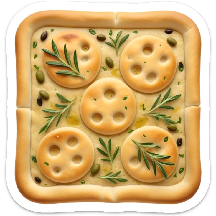Focaccia Cinematic Realistic Focaccia Bread Dish Emoji, depicted as a golden, olive-oil brushed flatbread sprinkled with herbs, rendered with lifelike textures and warm, inviting lighting. sticker