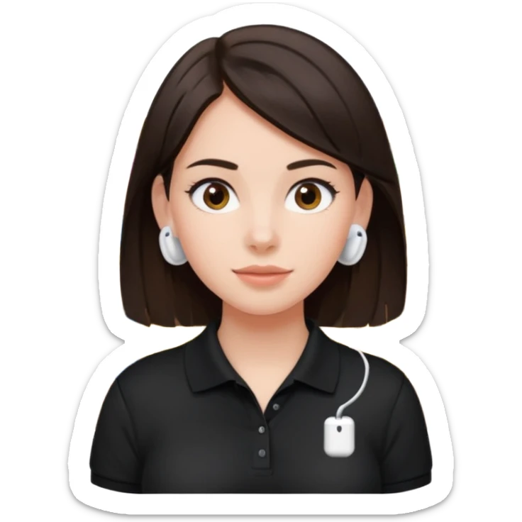 Girl with dark brown hair with airpods wearing a black wegmans grocery store polo sticker