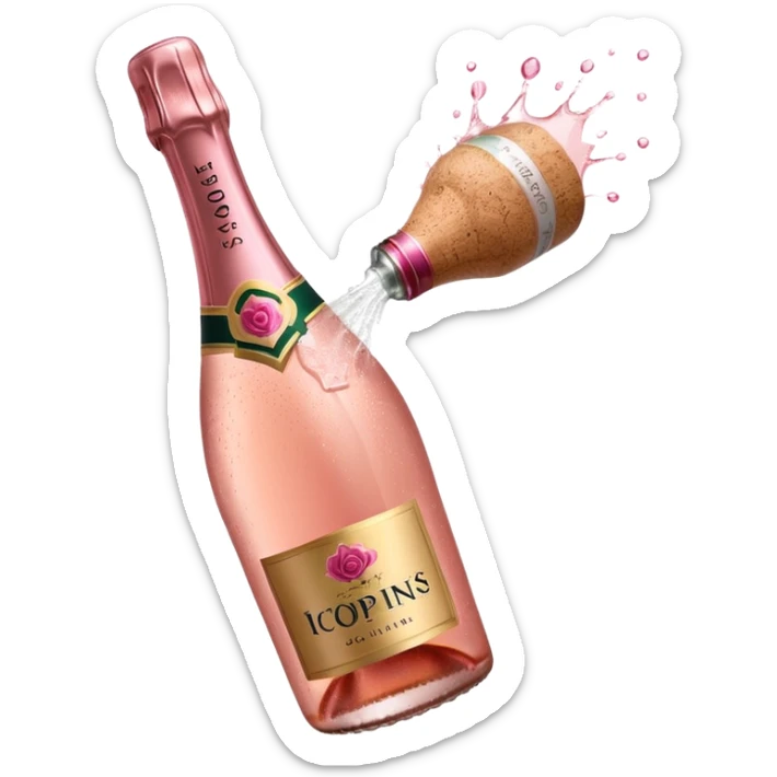 bottle of sparkling rosé champagne with a rose logo on the label, with the cork popping out, tilted up and to the left, no glass sticker