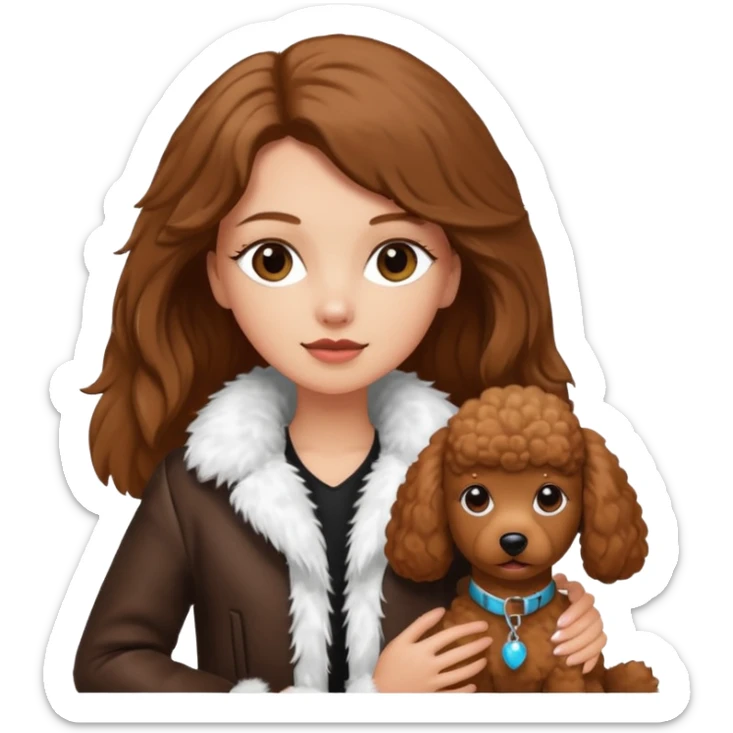 A white girl with a long brown straight hair and wearing a fur white jacket holds a brown poodle sticker