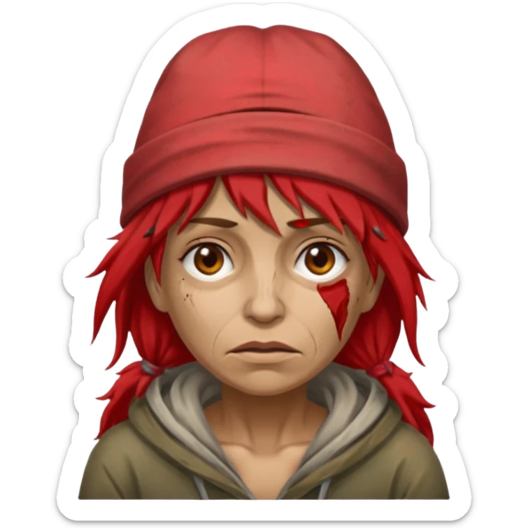 very dirty looking homeless woman with ripped red hat with ugly hair sticker