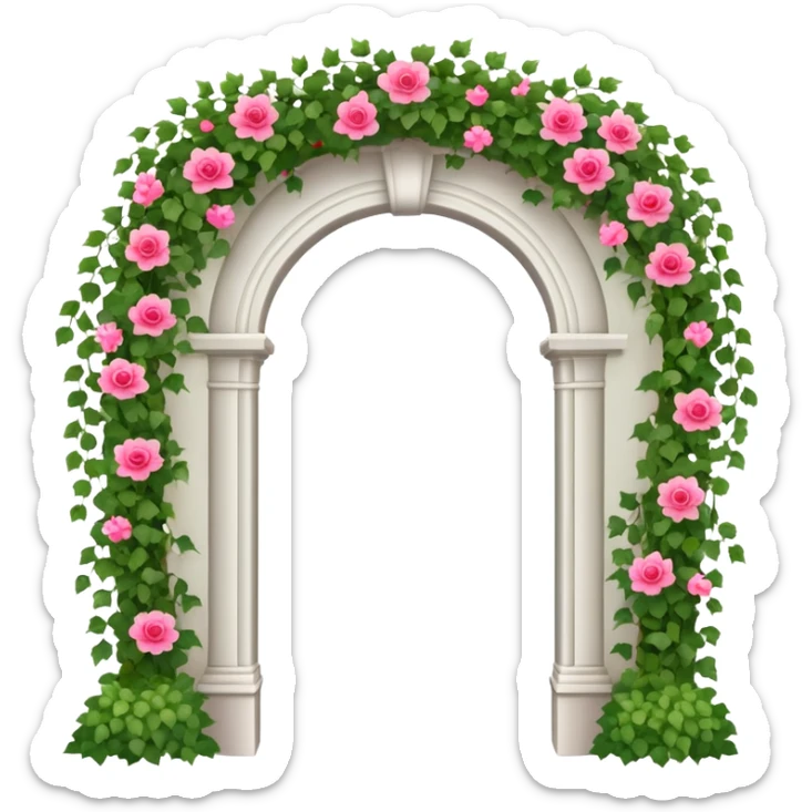 White tall archway with vines, ivies, and romantic pink and red flowers  sticker