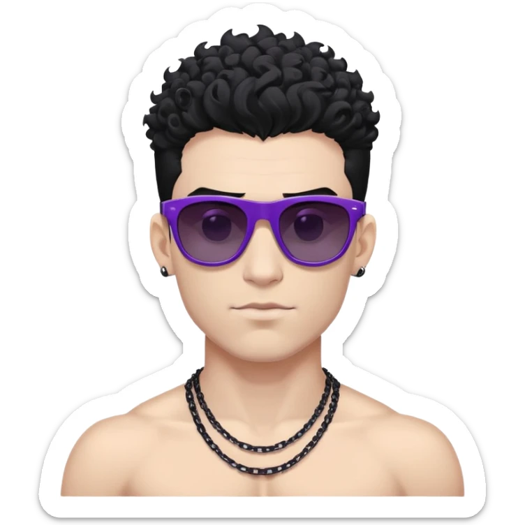 shirtless male athlete with white skin and moderately curly black hair on top with shaved sides, wearing purple sunglasses with very dark heavily tinted black lenses, and a simple plain black chain necklace with absolutely no pendant or decoration sticker