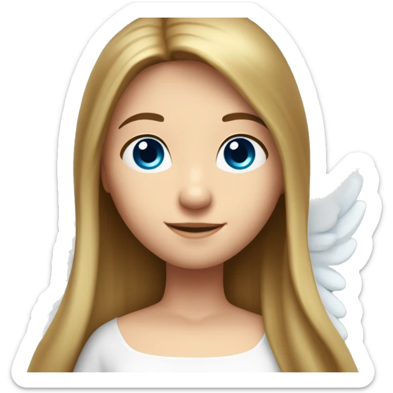 Caucasian brunette angel with long straight hair, dimples, big blue eyes, golden hoop halo over head and wings on back sticker