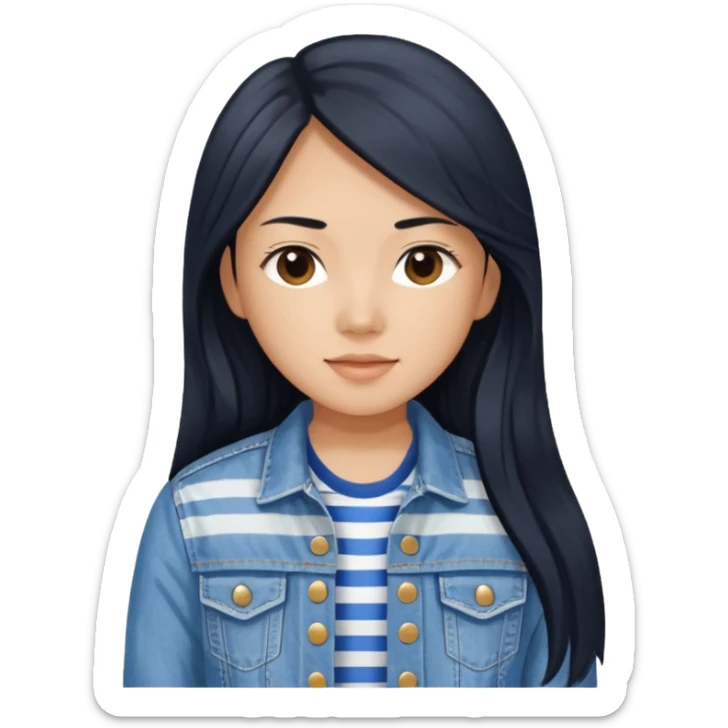 Teresa Li in black long hair, wearing blue and white striped shirt and denim jacket  sticker