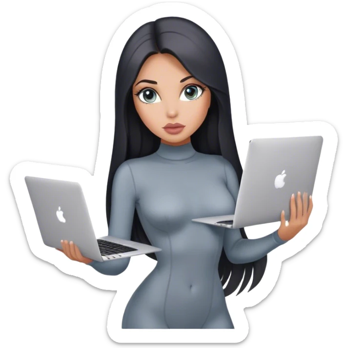 Glamours, tanned, very beautiful girl, with big pump peach-beige-rose lips, black straight smooth silky long hair, straight parting, blue-grey eyes, in grey bodysuit holding MacBook sticker