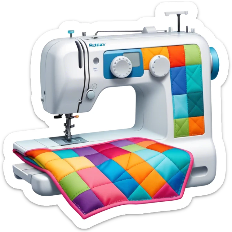 Patchwork and quilting icon, colorful fabric patches sewn together in a quilt pattern, sewing needle and thread, quilting tools like rotary cutter or quilting hoop, minimalistic style, clean lines, transparent background. sticker