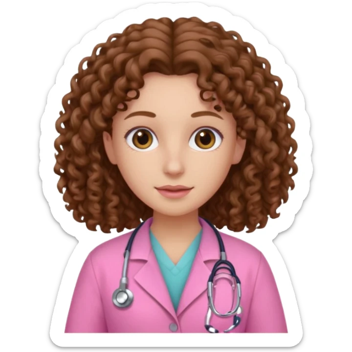 médica, cabelo castanho, pele branca, cabelo cacheado, cabelo comprido, roupa rosa sticker
