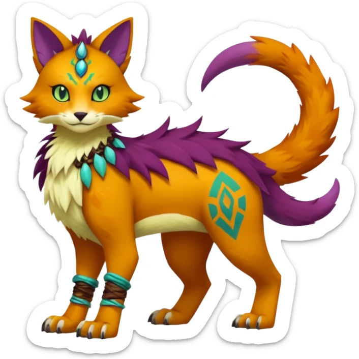 Kawaii cute reddish orangish yellowish greenish purplish exotic tribal beautiful pretty elegant divine edgy feline-vernid-sergal-Fakémon-Pokémon-Digimon-fursona-animal-creature with accessories, full body, with intricate detailed markings sticker