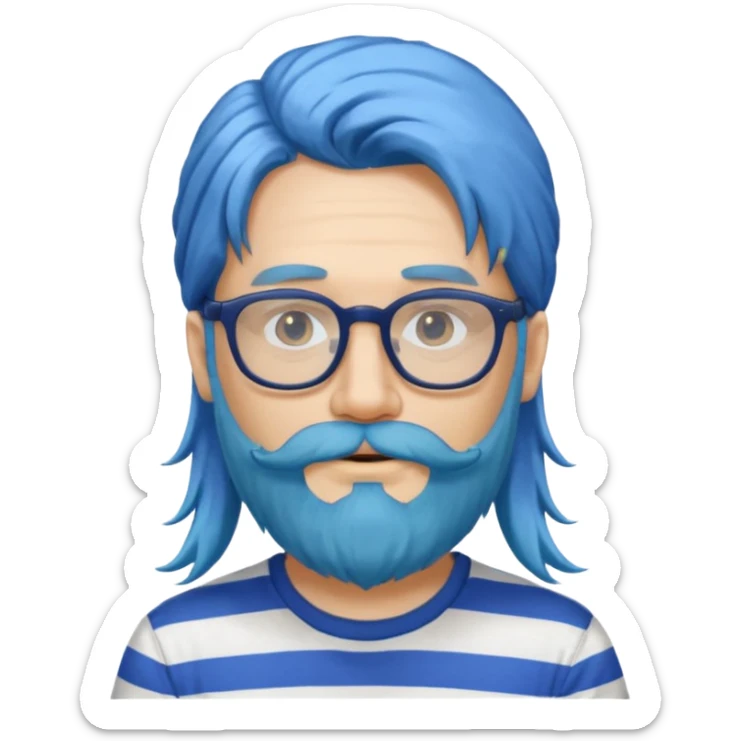 man with long blue hair, glasses, and a long beard and wearing a striped t-shirt sticker
