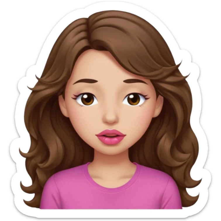 girl with long wavy brown hair, brown eyes, light to medium complexion, in a pink shirt, pink lips, long lashes, puckering lips kissing, winking with one eye closed sticker