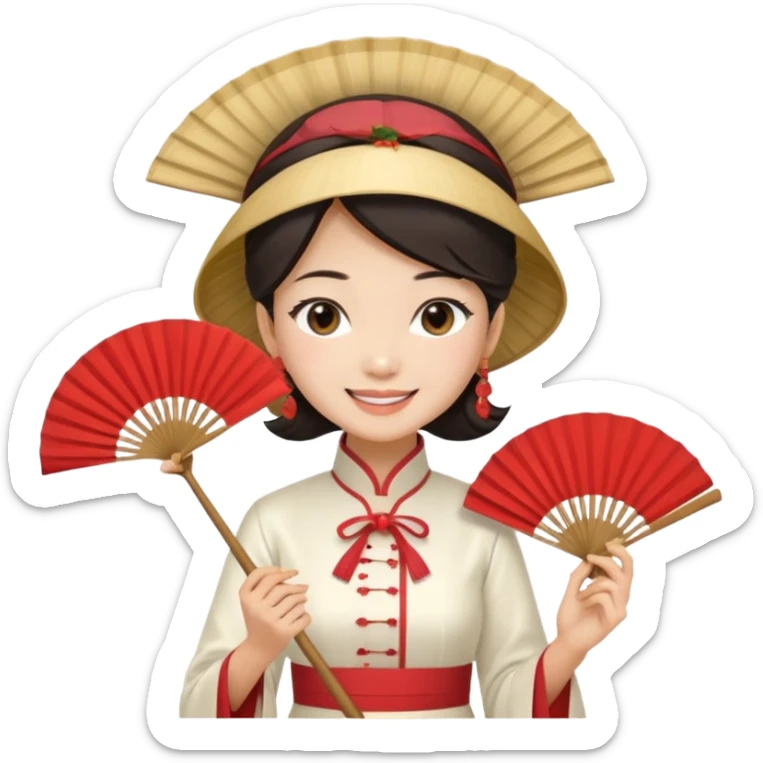 a vietnamese woman wearing a white ao dai holding a folding fan elegantly, wearing a nón lá sticker