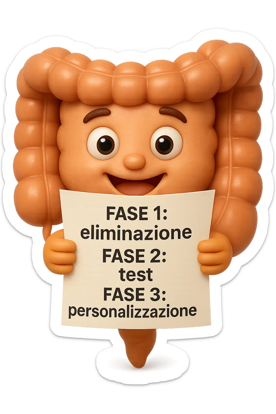 emoji stile iphone 3d di un intestino che tiene in mano un foglio con la scritta "FASE 1: eliminazione, FASE 2: test, FASE 3: personalizzazione, IPERREALISTICO 4K sticker