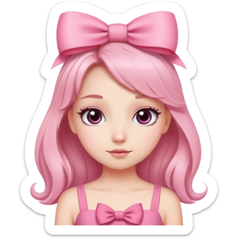 Cute girly girl character with pink dress, long eyelashes, and hair bow sticker
