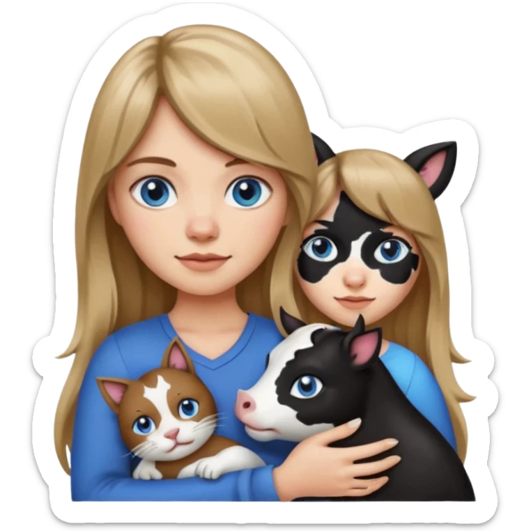 Apple-style emoji sticker of a young woman with long dark blond hair and bang, blue eyes , holding a cat black and white like a cow patch on her chest.  sticker