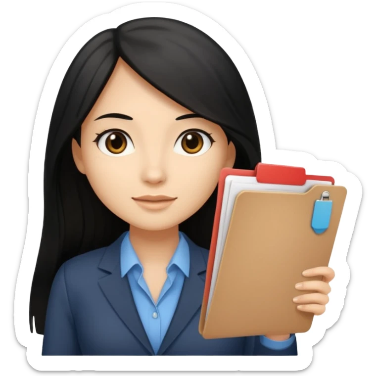 a light tan woman with long black hair past mid-back, round brown eyes and manila folder in her hands sticker