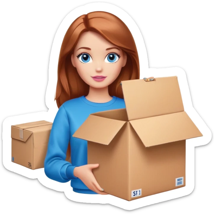 Barbie in a brown sweatshirt with shoulder-length reddish-brown hair, blue eyes with makeup, stands with a parcel box sticker