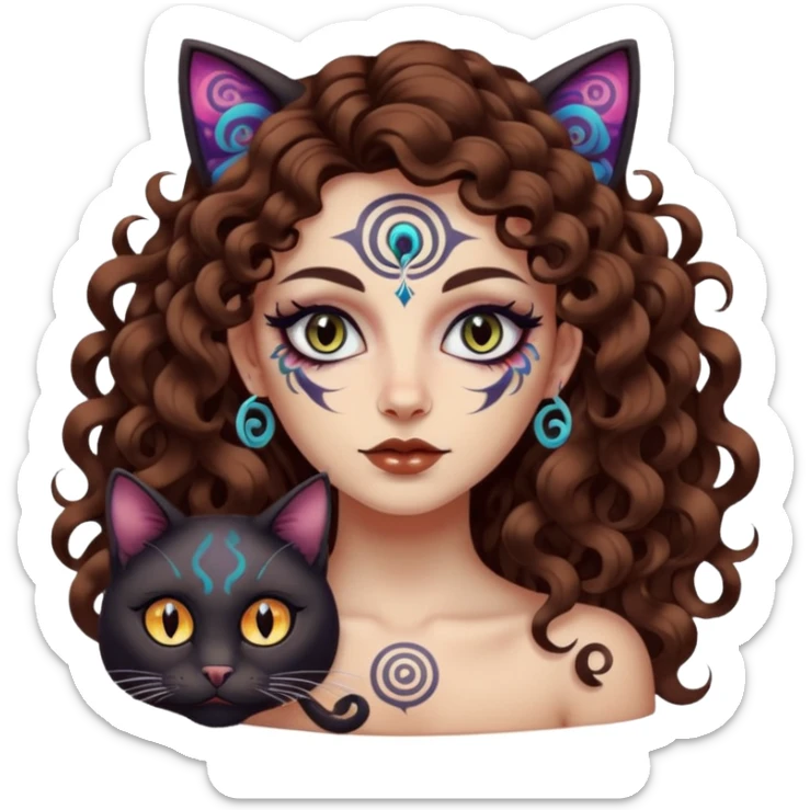 woman with long curly brown hair, brown eyes, white skin, tattoos, black cat with psychedelic spiral eyes mirroring hers sticker