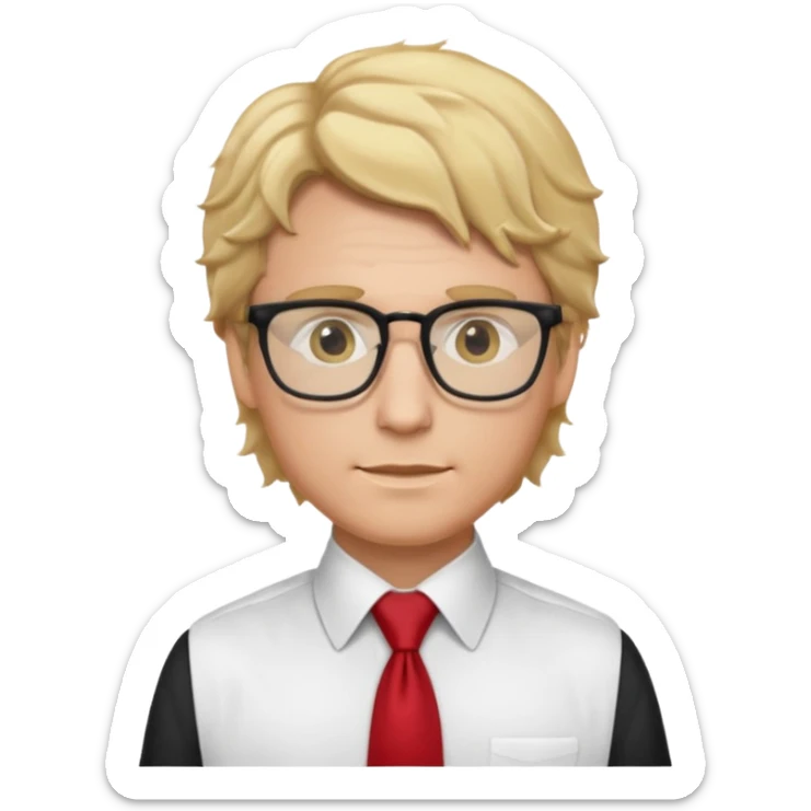 white man in white shirt, having red tie, blonde wavy hair, wearing glasses sticker