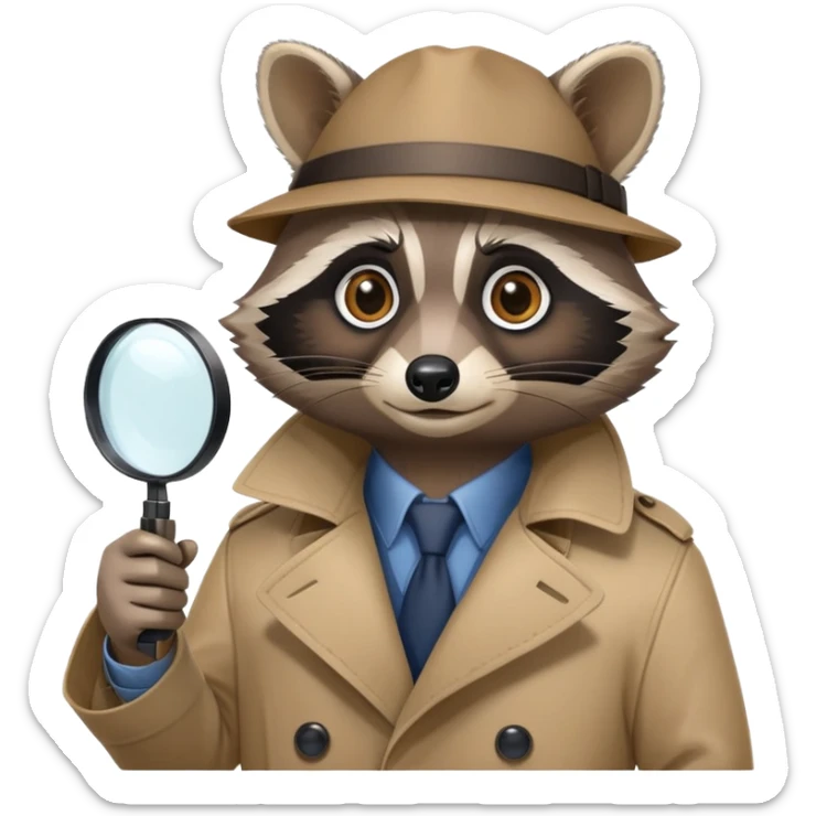 Raccoon private investigator with trenchcoat and magnifying glass sticker