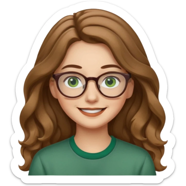 long wavy light brown hair woman with green eyes and glasses smiling closed mouth. middle part hair. medium thick eye brows sticker