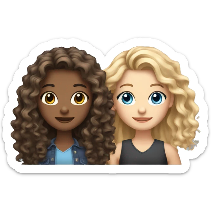 Create an image of 3 girlfriends.1 girl with curly brown - haired woman with brown eyes.next girl with long hair with a blonde ombre, brown eyes.next girl with black wavy long hair, blue eyes. sticker